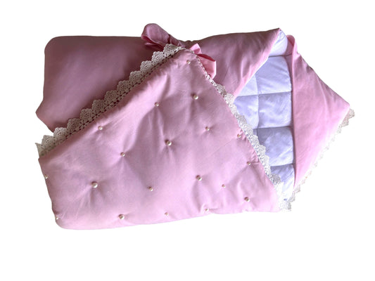 Beautiful hooded pink quilted wrap with pearls and lace